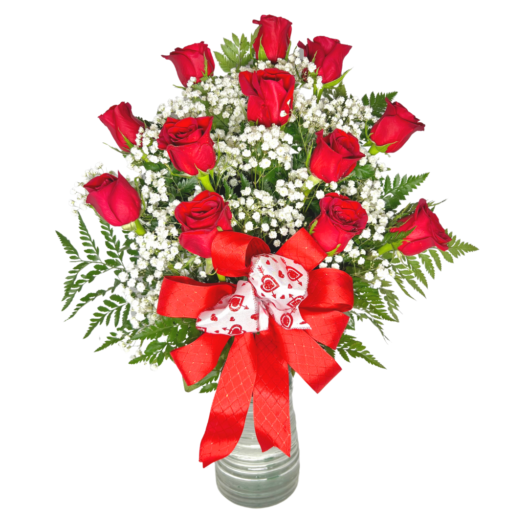 1 dozen roses in a vase