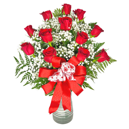 1 dozen roses in a vase